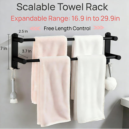 MEKENSO SUS304 Dual Bar Adjustable Towel Bar, Expandable Space Saving Towel Rack, Bathroom Towel Holder with Double Hook 16.9 to 29.9 Inch, No Drill/Screw Installation.（Black）