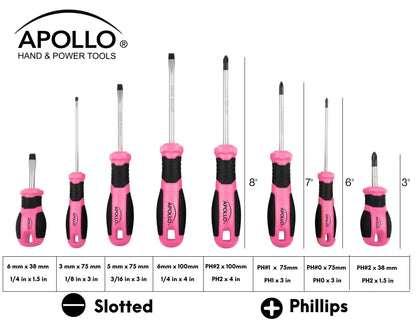Apollo Tools Pink 8 Piece Essential Screwdriver Set Phillips and Slotted with Magnetic Tips and Non-Slip Comfort Handles. Includes Stubby Screwdrivers for Tight Spaces - Pink Ribbon - Pink - DT5018P