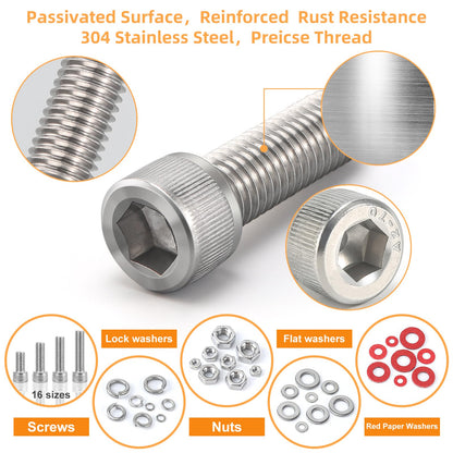 1415pcs M2 M3 M4 M5 Nuts and Bolts, 304 Stainless Steel Metric Bolt Assortment (Lock & Flat Washers),Metric Screw Assortment, Socket Head Cap Screws, Metric Bolts and Nuts Assortment Kit
