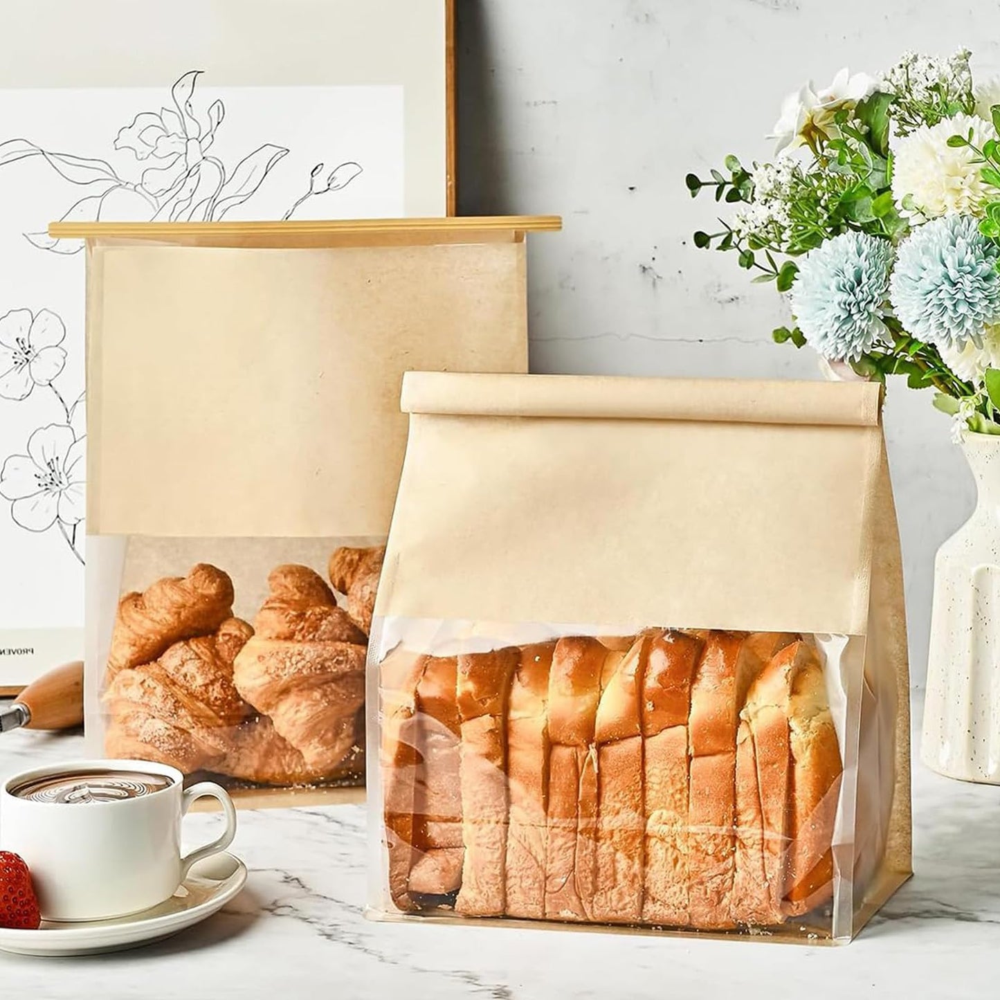 Bakery Bags with Window 50 Pcs, 11x8.66x4.33 Inches Kraft Brown Window Paper Bags with Tin Tie Tab Lock for Bread, Coffee Bean, Cookies, Snack