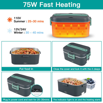 75W Electric Heated Lunch Box 1.8L Food Heater/Warmer Portable Heated Lunch Boxes (lonchera electrica para el almuerzo) for Car Truck and Home - Leak Proof, Removable 304 Stainless Steel Container