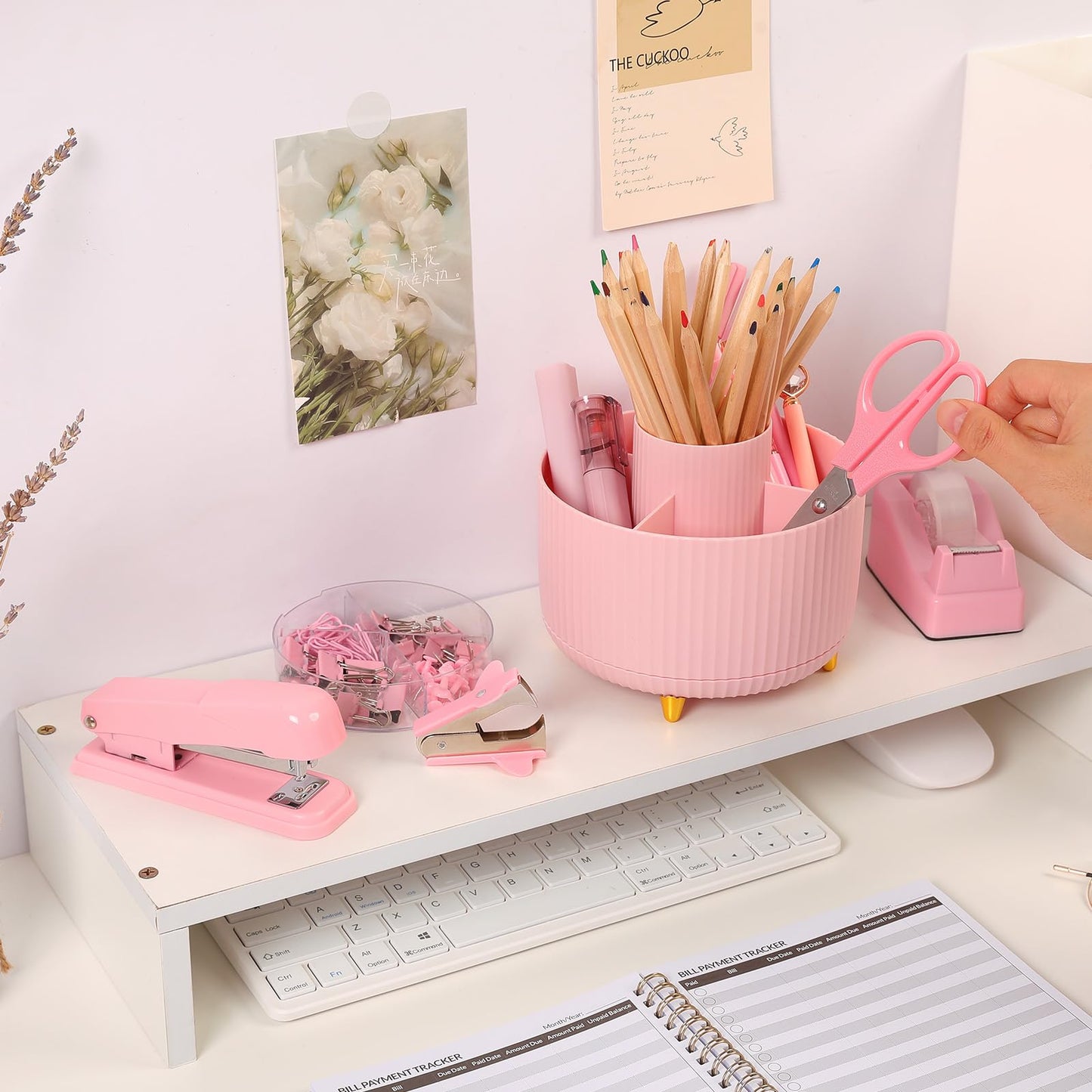 SKYDUE Pink Desk Accessories 10Pcs, 360-Degree Rotating Pen Holder, Stapler, Staple Remover, Tape Dispenser,2pcs Tape Refills, Binder Paper Clips Kit, Scissor,Pink Office Supplies