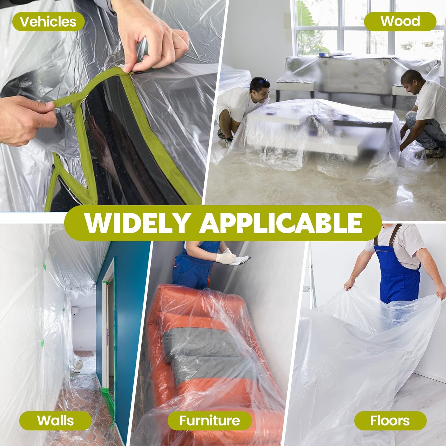 LLPT Tape and Drape 106.3”(Unfolded) x 66 Ft Each 2 Pack Pre-Taped Masking Film 0.31 Mil Painters Plastic Drop Cloth for Auto Wall Furniture Painting Protection (MFTG2720)