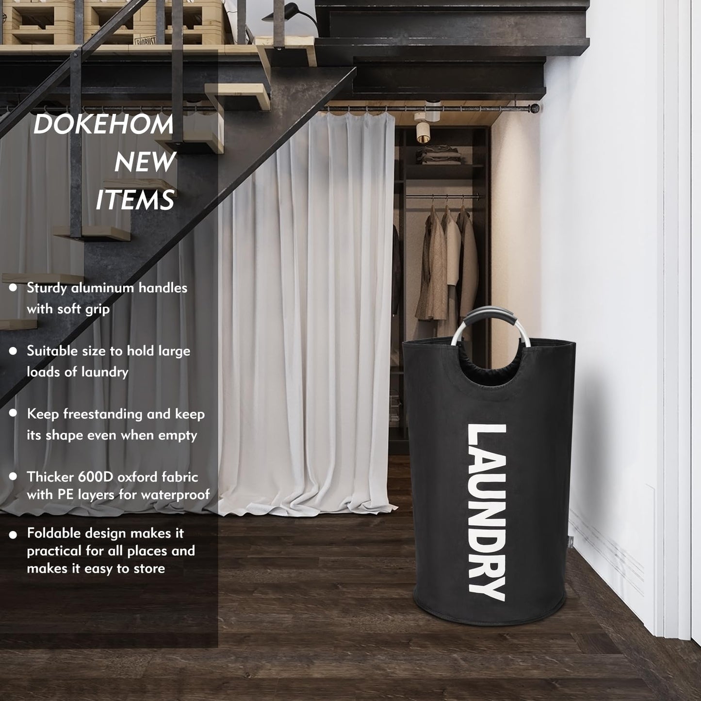 DOKEHOM 125L X-Large Collapsible Washing Laundry Basket Bag (7 Colors) for Bedroom, Fabric (Black, XL)