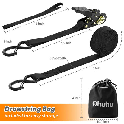 Ratchet Straps, Ohuhu 4 Pack 15 FT Ratchet Tie Down Straps with Safety Clip and 4 Soft Loops, Cargo Straps for Trucks Moving Appliances Motorcycle, 500 lbs Load Cap 1500 lbs Breaking Limit, Black