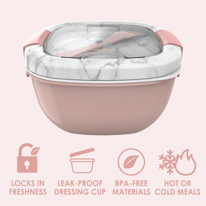 Bentgo Salad - Stackable Lunch Container with Large 54-oz Salad Bowl, 4-Compartment Bento-Style Tray for Toppings, 3-oz Sauce Container for Dressings, Built-in Reusable Fork & BPA-Free (Blush Marble)