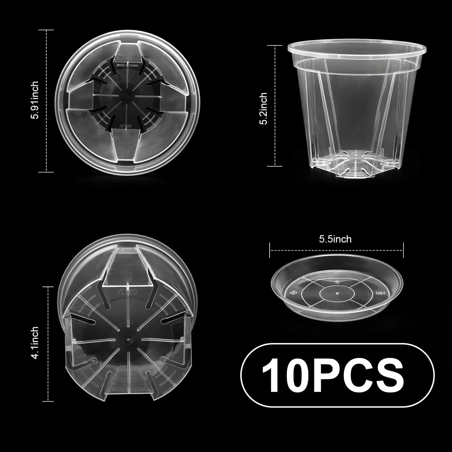 YALIOURS Clear Nursery Pots,10 Pack 6 Inch Clear Plant Pots with Saucer, Transparent Plastic Garden Pots with Drainage Hole for Outdoor Indoor Plants Flower, Succulent