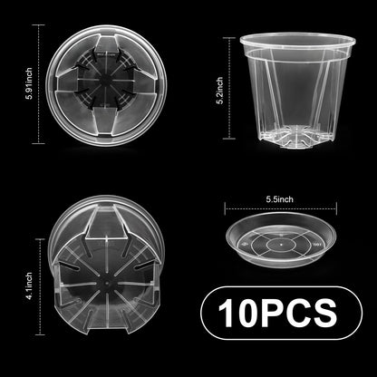 YALIOURS Clear Nursery Pots,10 Pack 6 Inch Clear Plant Pots with Saucer, Transparent Plastic Garden Pots with Drainage Hole for Outdoor Indoor Plants Flower, Succulent