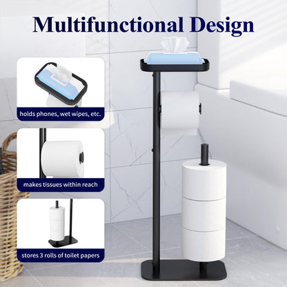 Kitsure Toilet Paper Roll Holder Free Standing – Rustproof Metal Toilet Paper Stand for 4 Rolls with Anti-Slip Base and Shelf for Phone & Small Items, Black, 63.0 x 23.5 x 15.0 cm