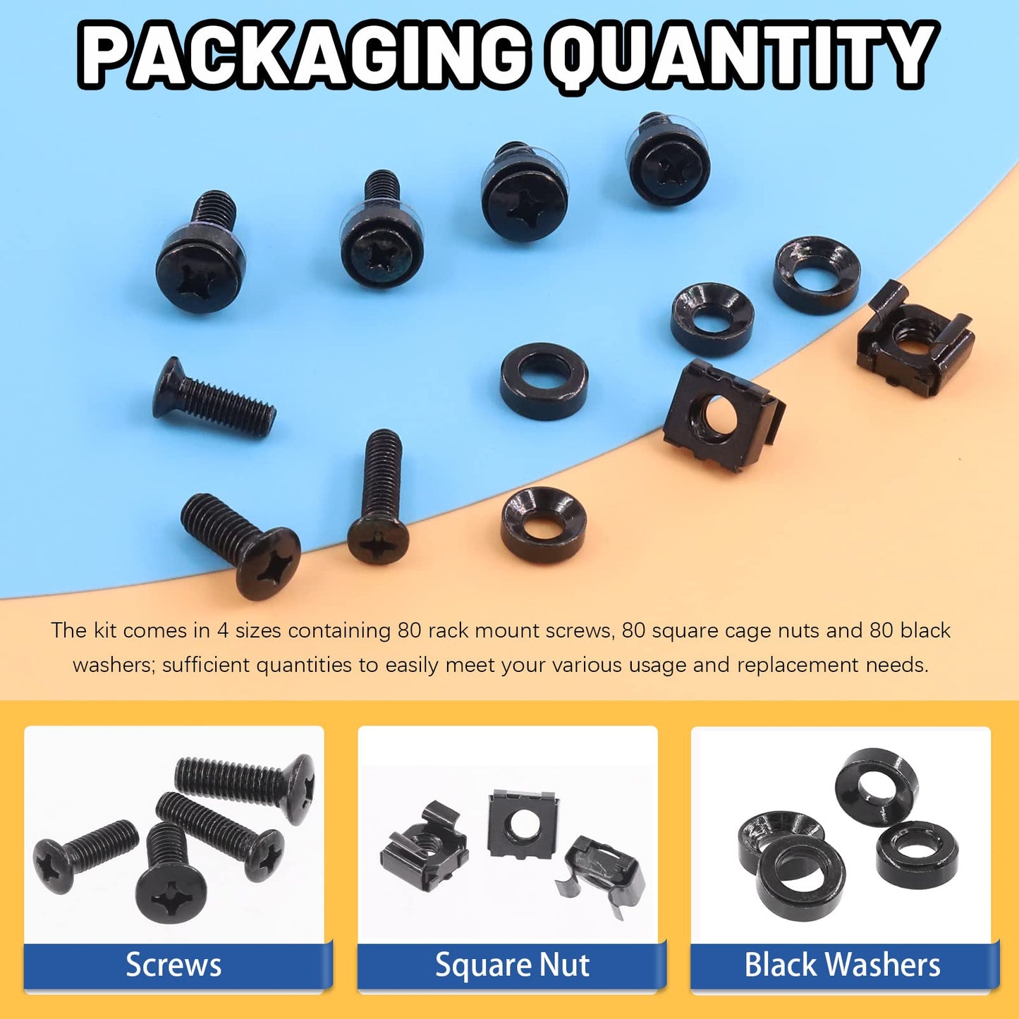 Glarks 80Sets/160Pcs M5 M6 Cage Nuts and Screws Set, M5 x 16mm, M5 x 20mm, M6 x 16mm, M6 x 20mm Square Hole Hardware Cage Nuts & Mounting Screws Washers for Server Rack and Cabinet (Black)