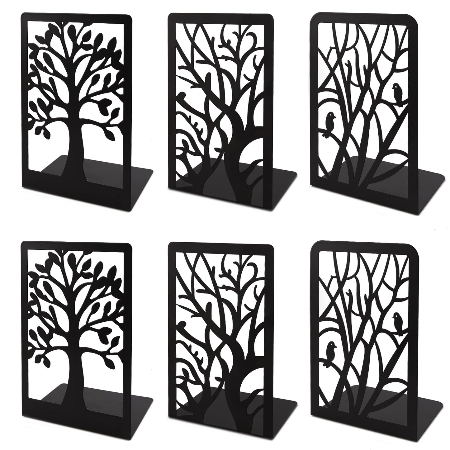 Cyrico Book Ends, 3 Pairs Metal Tree Bookend Holders for Shelves, Heavy Duty Organizer Decorative Book End Stoppers for Home Office School, 6.6 x 4.7 x 3.5 Inch, Black