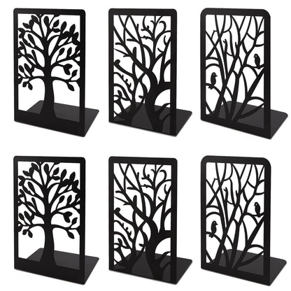 Cyrico Book Ends, 3 Pairs Metal Tree Bookend Holders for Shelves, Heavy Duty Organizer Decorative Book End Stoppers for Home Office School, 6.6 x 4.7 x 3.5 Inch, Black
