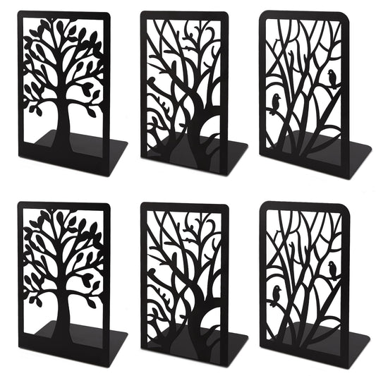 Cyrico Book Ends, 3 Pairs Metal Tree Bookend Holders for Shelves, Heavy Duty Organizer Decorative Book End Stoppers for Home Office School, 6.6 x 4.7 x 3.5 Inch, Black