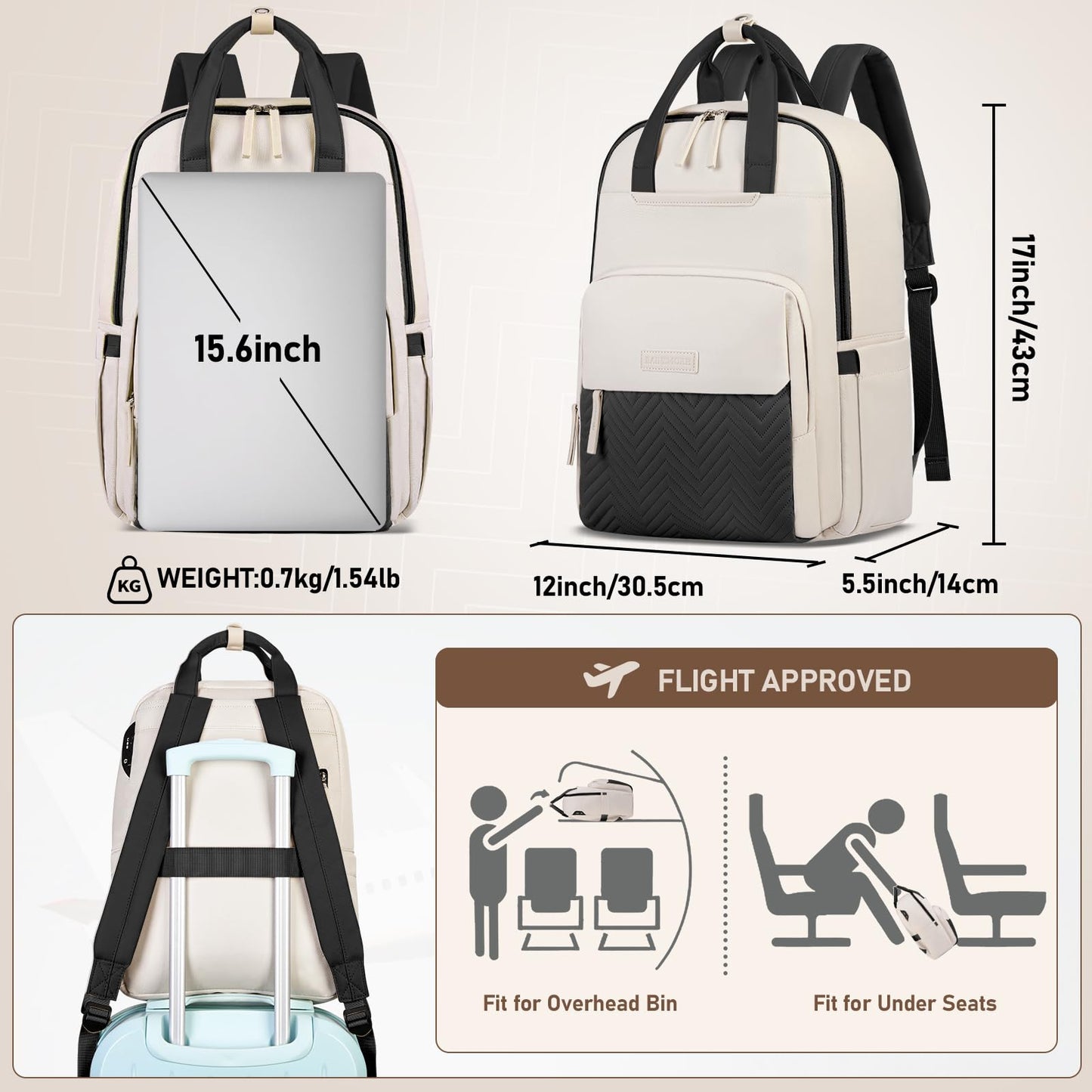RAINSMORE Laptop Backpack for Women 15.6 Inch Waterproof Work Travel Backpacks for Women Large Quilted College Bookbag with USB Charging Hole Anti-theft Casual Computer Bags for Teacher Nurse