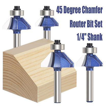 Vearter 4PCS 45 Degree Chamfer Router Bit Set, 1/4'' Shank Carbide Edge Bevel Forming Milling Cutter, DIYer Tool for Woodworking, Wood Profiling, Edging (1/2", 3/8", 5/16", 1/4" Bevel Length)