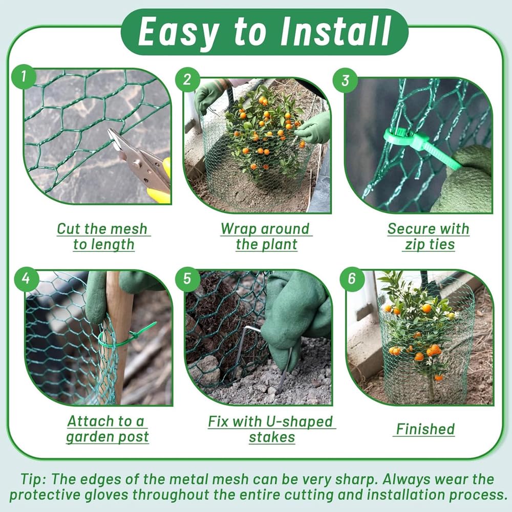 15.7 x 197 Inch Plant Protectors from Animals,Free-Cut Metal Mesh Outdoor Plant Cages,Guards Fence Chicken Wire Cloche with Ground Stakes & Ties to Keeping Rabbits Squirrels Chicken Animals Out