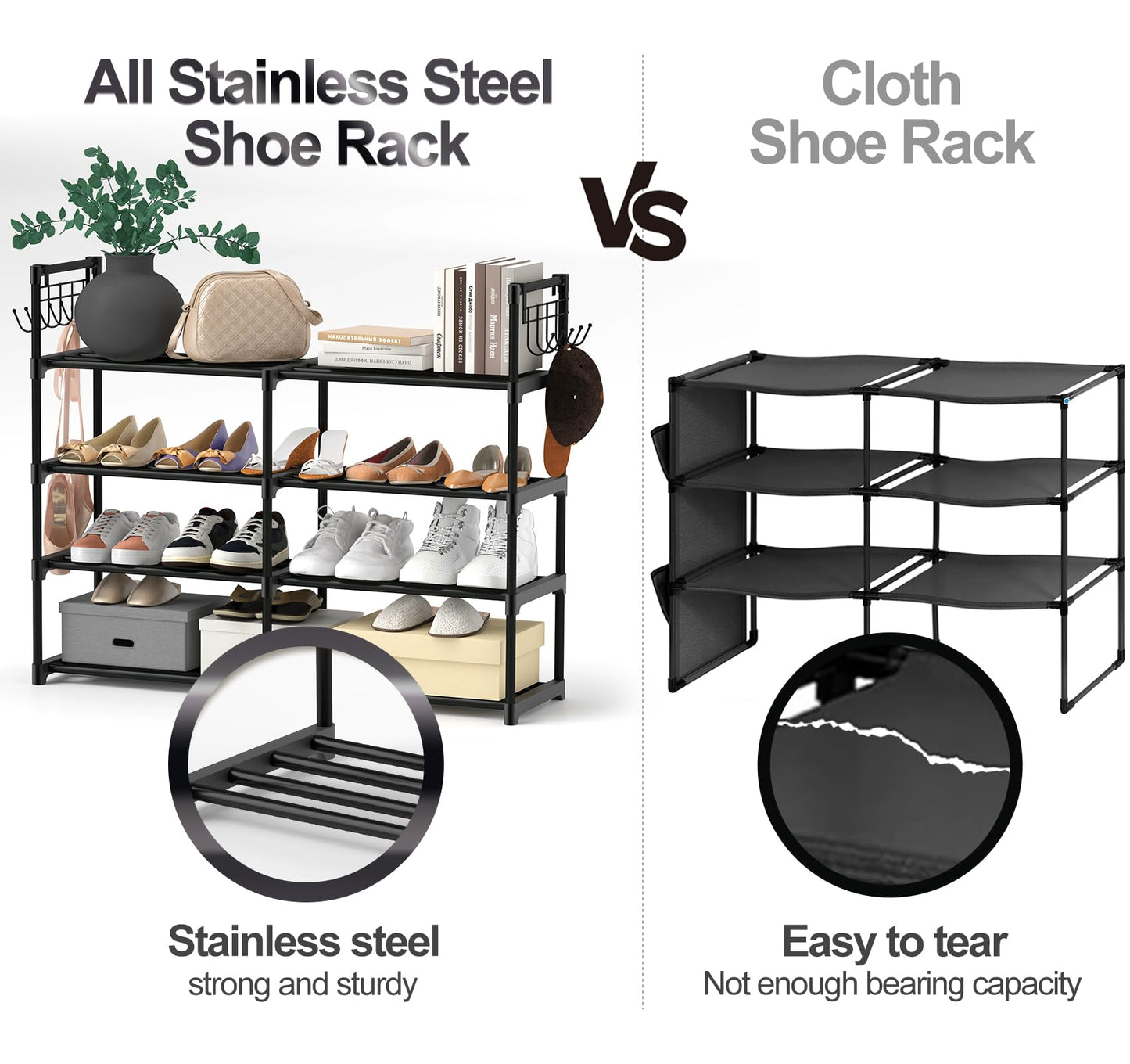 4-Tier Shoe Rack, Black Metal Shoe Racks, Stackable Shoe Shelf with Multifunctional Hooks, Hold 20 Pairs, Space Saving Shoe Rack, Shoes Rack for Closet,Show Rack