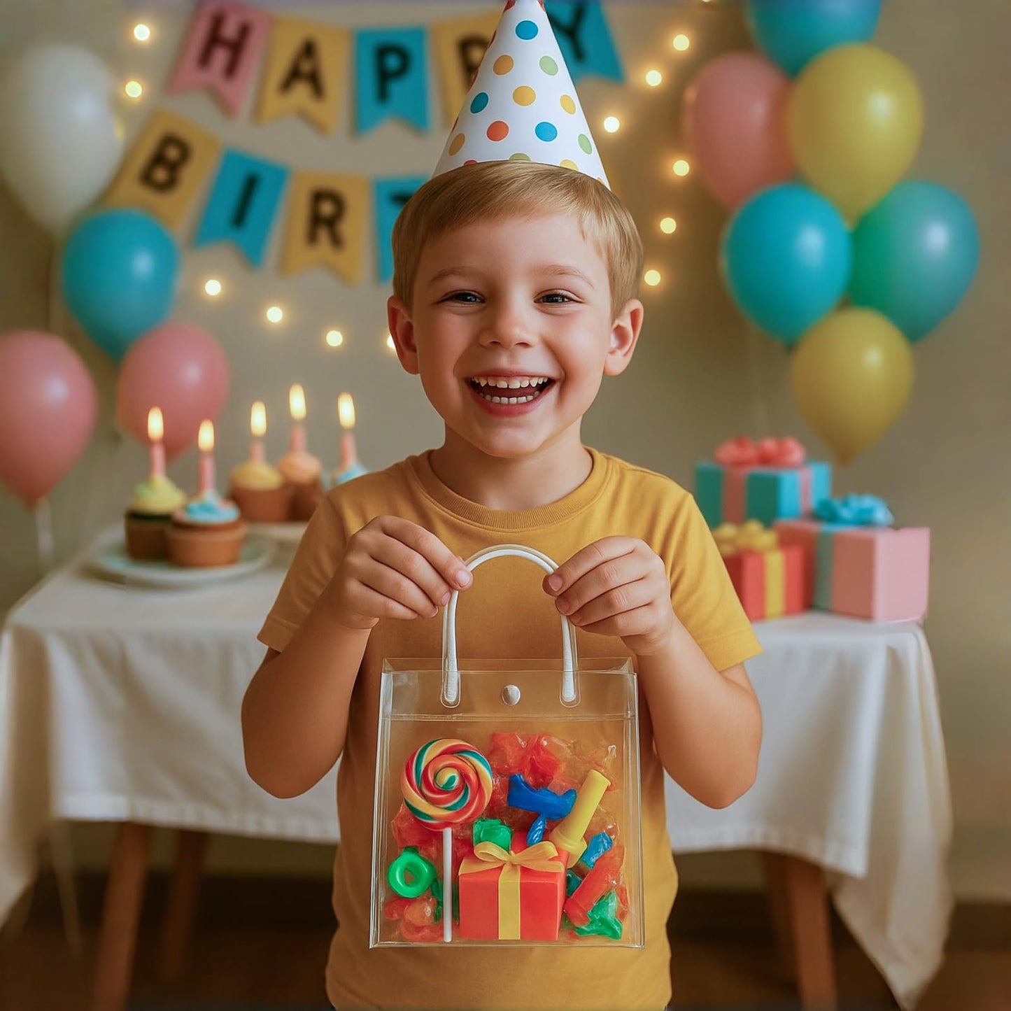 Clear Gift Bags 20 Pack | Loot Bags for Birthday | 10.2x7.1x2.8in Reusable Small Party Favor Bags Goodie Bags for Christmas, Weddings, Baby Showers, Bachelorette Celebrations, Birthdays, and Small Business