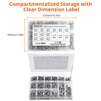 PROSTER 600Pcs Aluminum Blind Rivets Kit, 15 Common Sizes with Storage Case, Silver, for Auto Repair, Metalworking, DIY Projects
