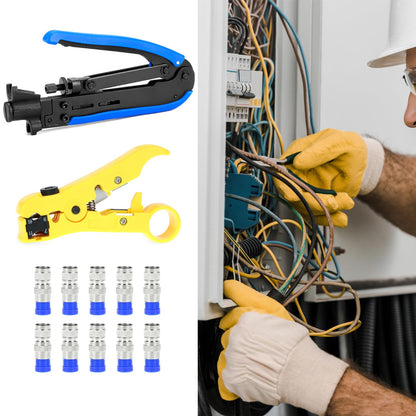 QWORK Coax Cable Crimper Kit with Adjustable Crimping Capability for RG6, RG59, RG11, Precision Cable Stripping and Cutting Tools with 10 RG6 F Connectors