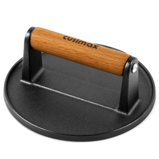 CUSIMAX Smashed Burger Press Cast Iron, 6.3" Heavy-Duty Burger Smasher with Wood Grip, Round Flat Grill Press for Smash Burgers, Meats, Bacon, Burger Smasher Tool for Grill&Griddle Accessories