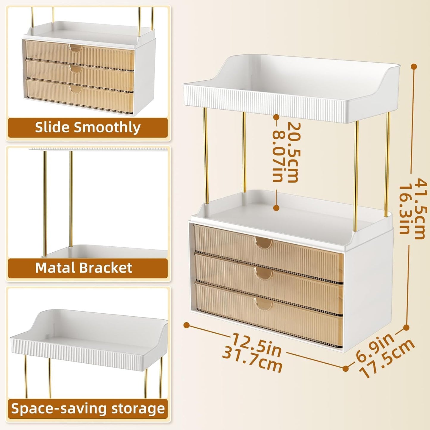 3 Drawers Makeup Organizer - 5 Tier Bathroom Organizers and Storage, Stackable Versatile Perfume Vanity Organizer, Ideal for Cosmetic, Large Skincare, Face Mask, Office Supplies, Amber