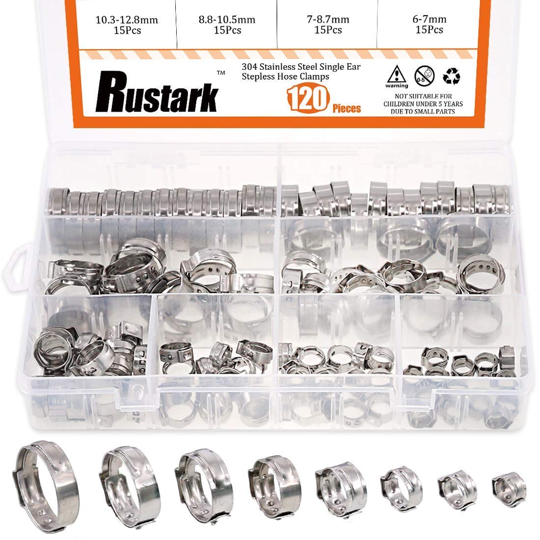 Rustark 120Pcs 6-23.5mm 304 Stainless Steel Single Ear Stepless Hose Clamp Clips Assortment Kit for Various Hoses and Automotive Use