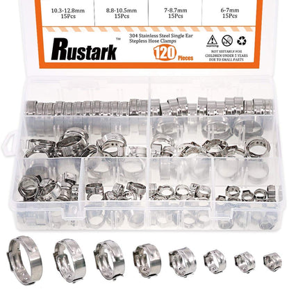 Rustark 120Pcs 6-23.5mm 304 Stainless Steel Single Ear Stepless Hose Clamp Clips Assortment Kit for Various Hoses and Automotive Use