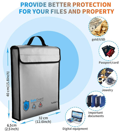 TuoBak's Fireproof Document Bag with Zipper,Heat Insulated Upgraded Fireproof Waterproof Document Bag 15.8”x 12.6”×2.5” for Important Document Storage Organizer for Valuables, Legal Documents Safe