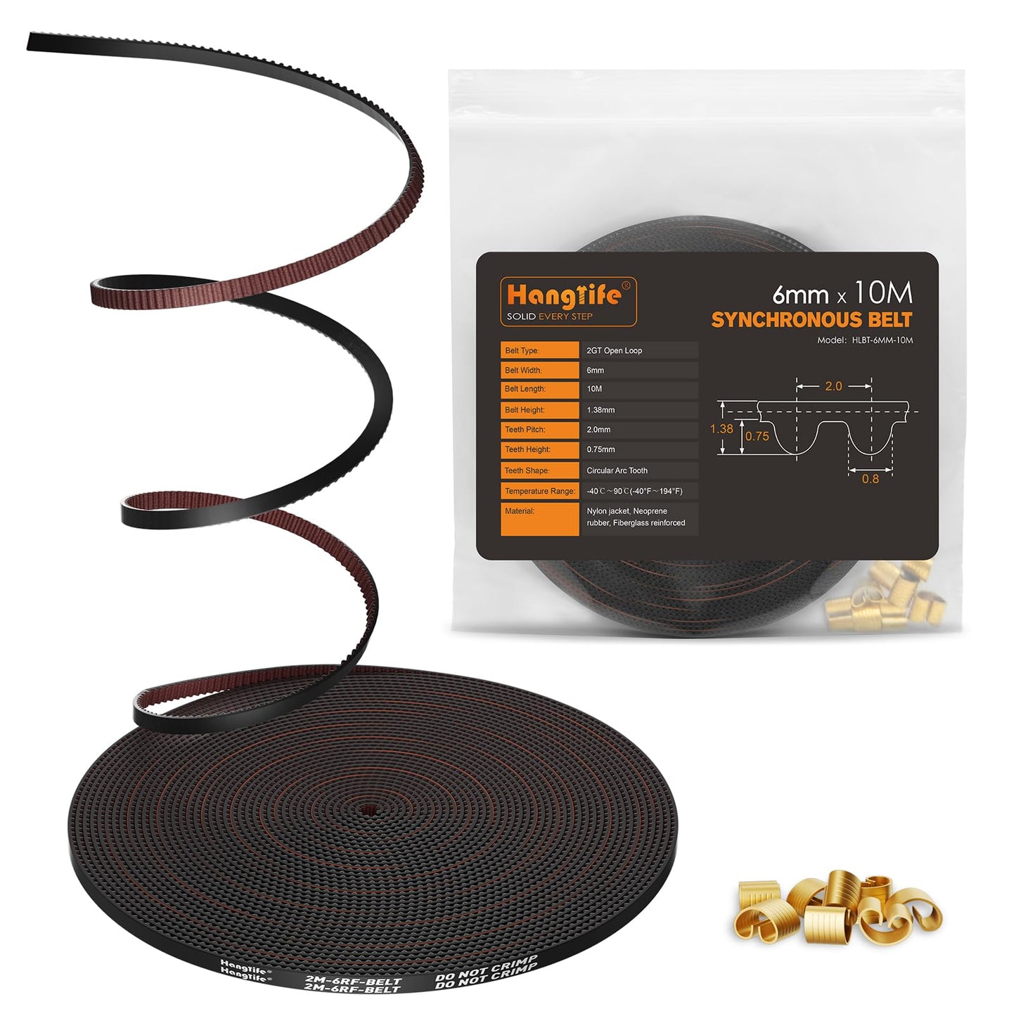 HANGLIFE GT2 Timing Belt with Copper Buckle - 3D Printer Open Synchronous Belt (2mm Pitch) 3D Printer Accessories - 6mm x 10M (32.8ft)