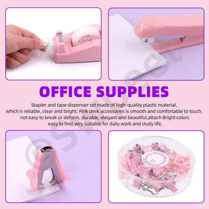 Swpeet 9Pcs Pink Office Supplies Kit, Desk Accessories Including Stapler, Tape Dispenser, Staple Remover, Tabs, Scissors, Staples, Tape, Clips and Sticky Note Ideal for Office and School