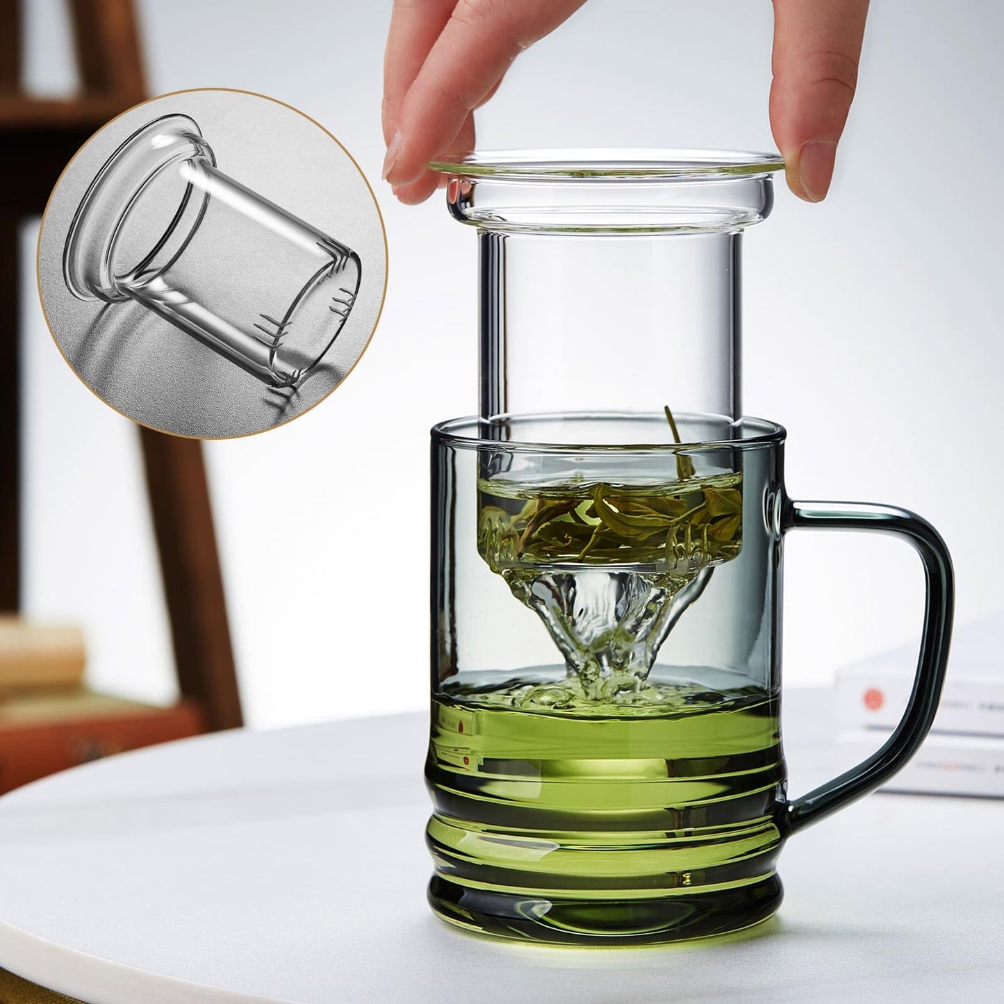 Unbreakable Glass Tea Cup with Infuser and Lid - 15oz Tea Mug for Loose Leaf Tea, Infusion Mug with Glass Filter and Wooden Lid
