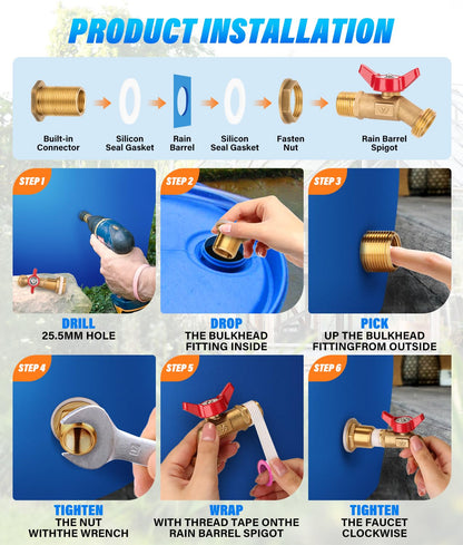 WADEO Rain Barrel Spigot Kit 1/4 Turn Ball Value Spigot with Bulkhead Fitting
