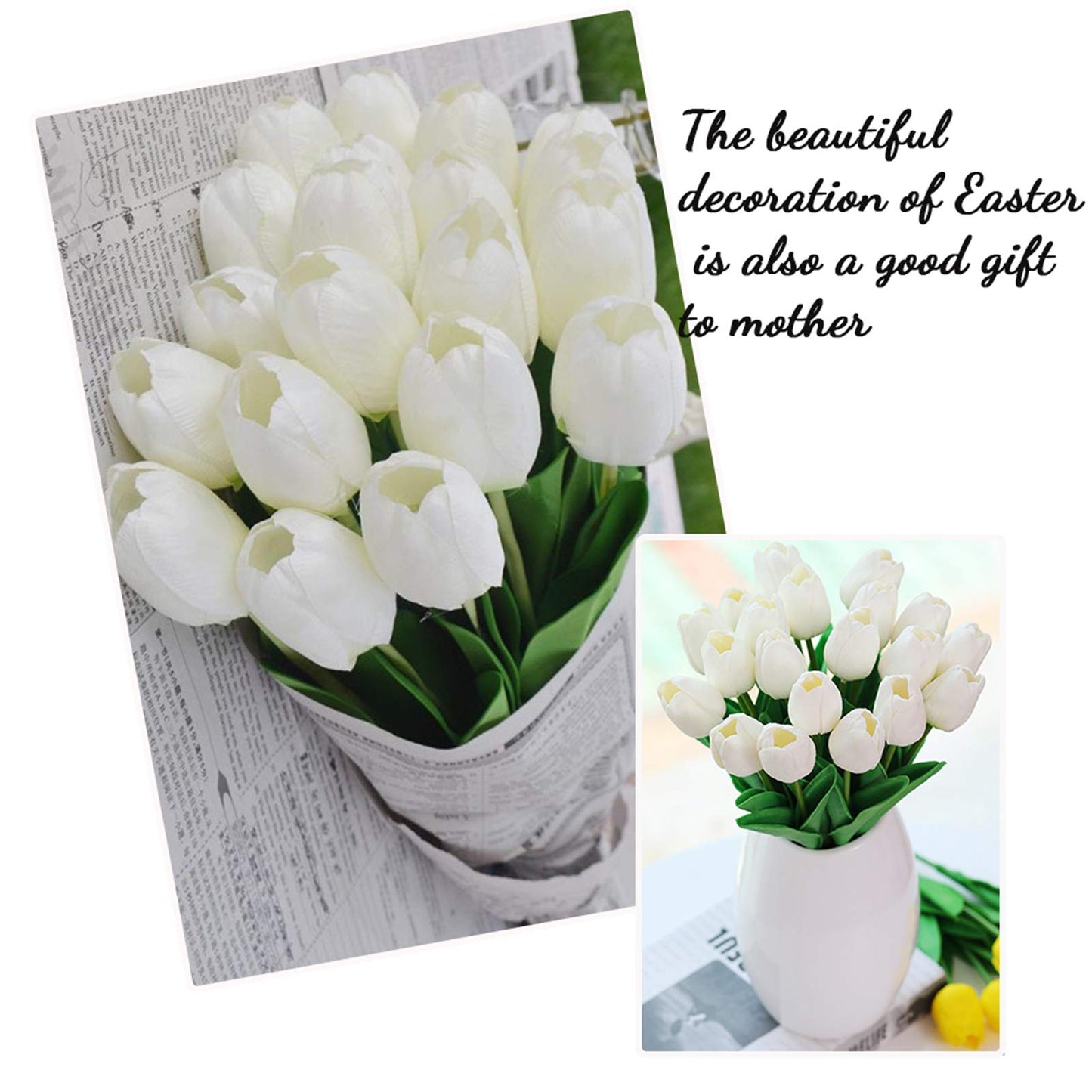Artificial Flowers 30pcs Bouquet 14" Tall Real Touch Tulips, White PU Fake Tulips Flowers for Arrangement Wedding Party or Easter Spring Home Centerpiece Dining Room Office Table Decoration
