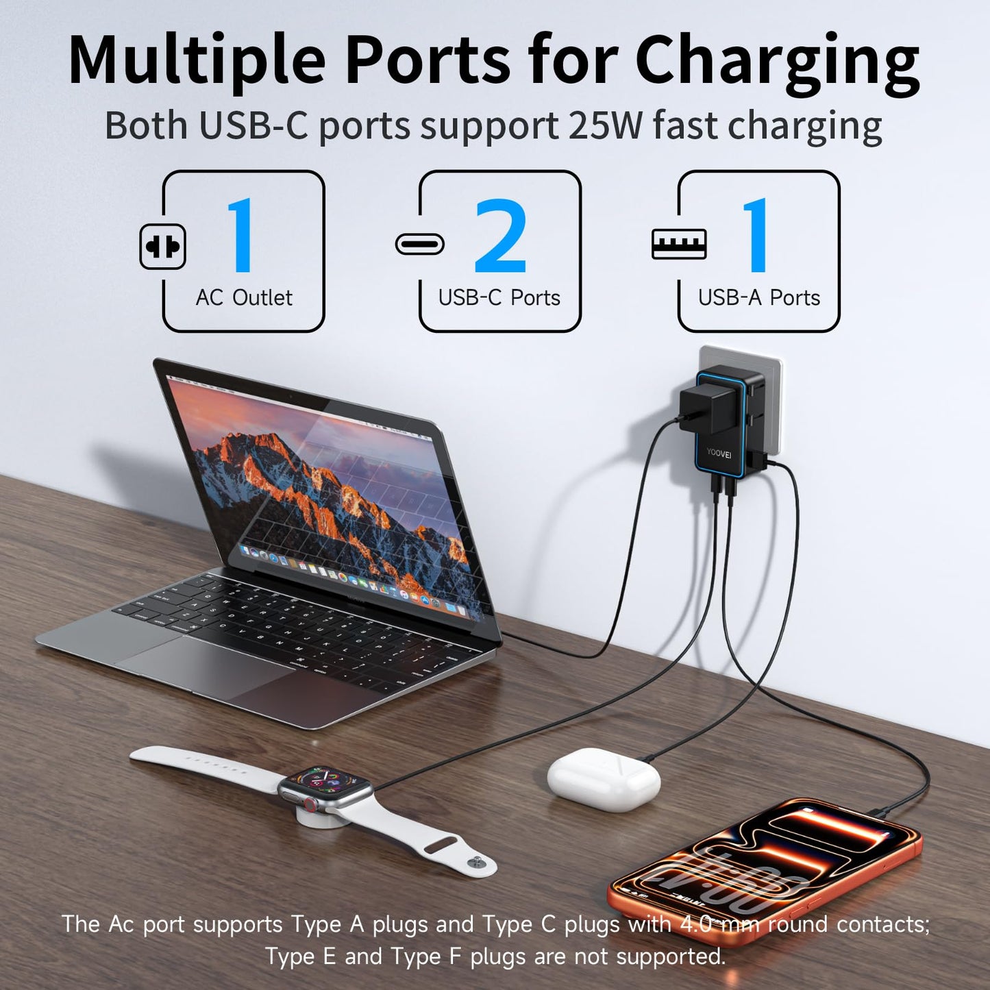 YOOVEI Mini Universal Travel Plug Adapter, 2026 Ultra-Thin PD 25W Fordable Travel Adapter with 1AC 1USB-A 2USB-C Ports,Smart Temperature Control, Worldwide EU/UK/AU/AS Plug Adapter for Travel