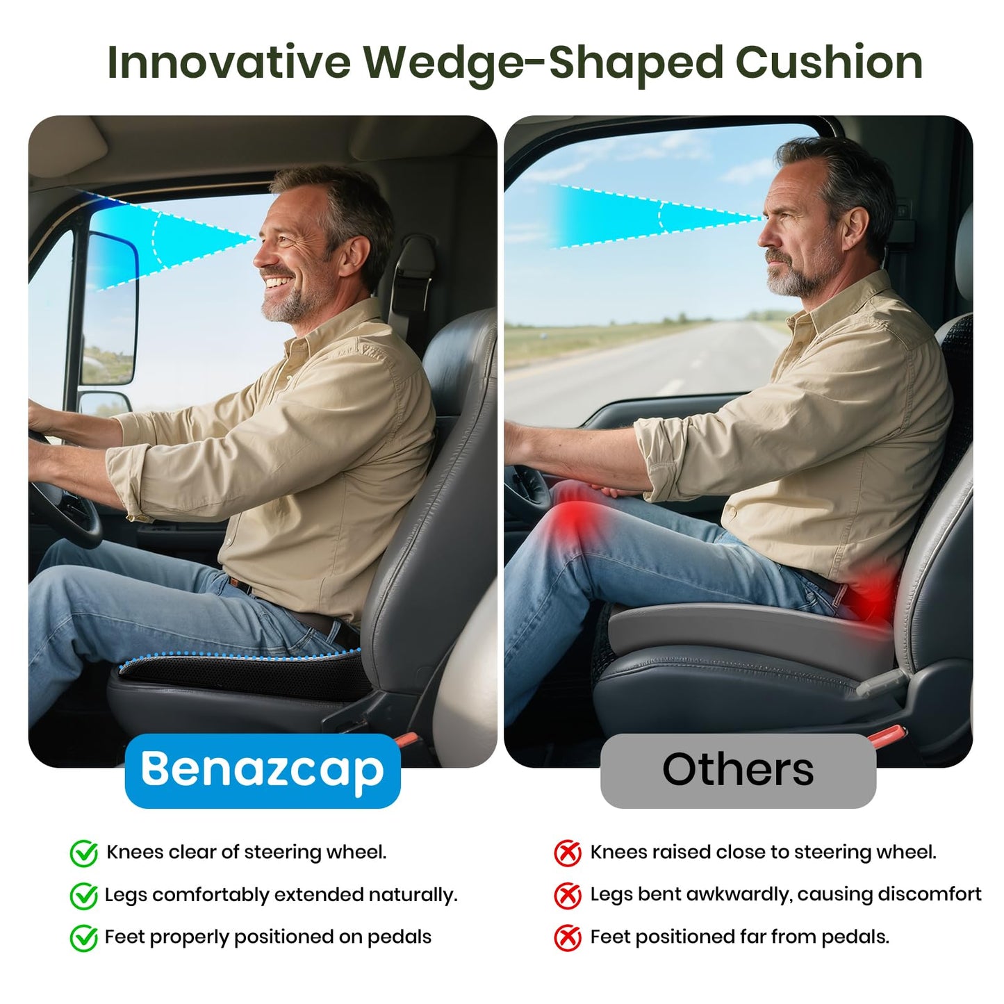 Benazcap Car Seat Cushion - Memory Foam Car Seat Pad - Sciatica & Lower Back Pain Relief - Car Seat Cushions for Driving - Road Trip Essentials for Drivers-Grey