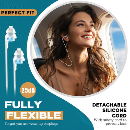 Ear Plugs for Airplane Pressure with Silicone Cord, Ear Pain Relief & Noise Reducing 25 dB, 100x Reusable Soft Flying Earplugs for Adults Kids 12+, Air Travel Essentials, Bouchon Oreille Avion Pression