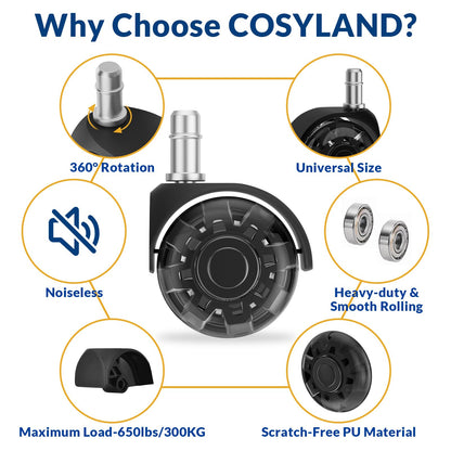 COSYLAND Office Chair Wheels Replacement - Rubber Chair casters for Hardwood Floors and Carpet, Set of 5, Heavy Duty Office Chair casters for Chairs to Replace Black