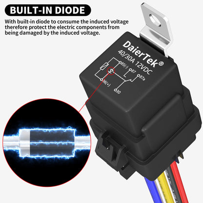 DaierTek 12V Relay with Built-in Diode & 12 AWG Harness Socket 30A/40A Heavy Duty SPDT 5 Pin Relay Switch Waterproof for Automotive Car Marine Boat -8pcs