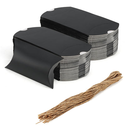 MANCHAP 100Pcs 5 x 3.4 Inch Black Pillow Boxes with Jute Twines, Large Cardboard Pillow Box, Pillow Candy Favor Box for Birthday, Wedding, Parties