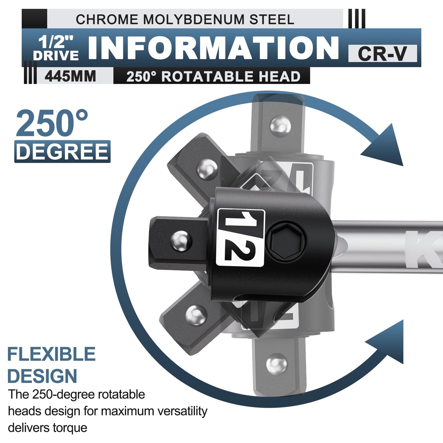 17.5-Inch 1/2” Drive Breaker Bar, Heavy Duty Extension Breaker Bar, 250° Rotatable Head, Premium Chromium Molybdenum Steel, Mechanical Work, Automobile and Motorcycle Maintenance and Repair