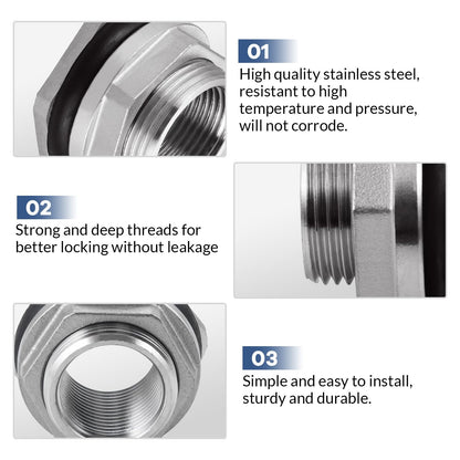 Carvedexquisitely Bulkhead Water Tank Fitting,1/2" NPT Female Thread,304 Stainless Steel Thru-bulk Fitting(2 Pcs)
