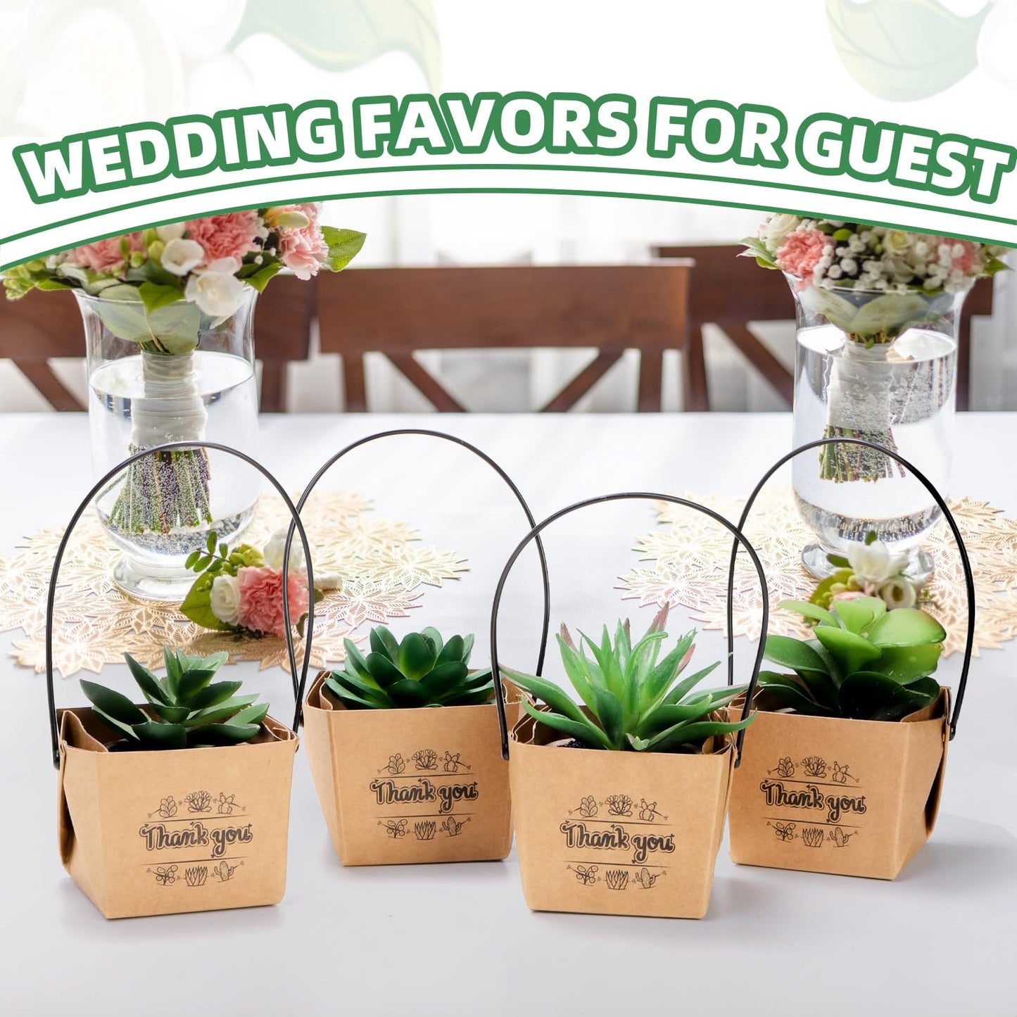 Covzoe 100 Pack Succulent Wraps Bags, Thank You Succulent Gift Box with Handles, Fits 2 Inch Pots, Waterproof Kraft Paper Party Favors for Guests Plants Wedding Decoration