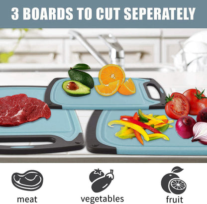 Cutting Boards Kitchen Cutting Board (3-Piece Set) Chopping Boards- Plastic Cutting Boards Set, Juice Grooves, BPA-Free and Dishwasher Safe (Blue)