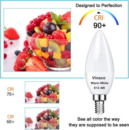 Vinaco E12 LED Bulb, 6 Pack E12 Candelabra Bulb 4 Watt Warm White 3000K, High Brightness 400LM & 25000+ Long Lifespan E12 Bulb, E12 Candelabra Base, E 12 Light Bulb for Ceiling Fan Light Bulb
