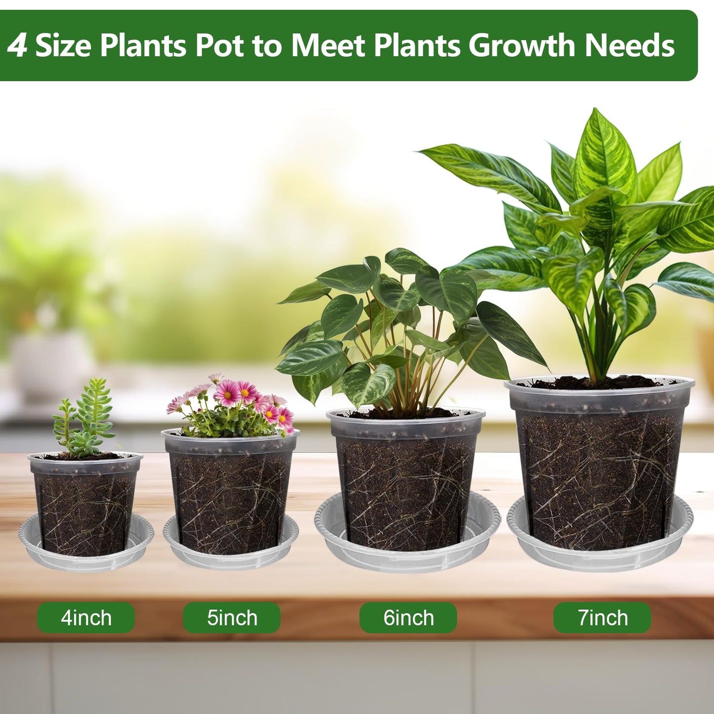 YALIOURS Clear Nursery Pots for Plants, 4/5/6/7 inch Transparent Plastic Plant Pots with Drainage Holes, 8 Pack Garden Pots Seed Starter Pots with Tray and 10pcs Plant Labels