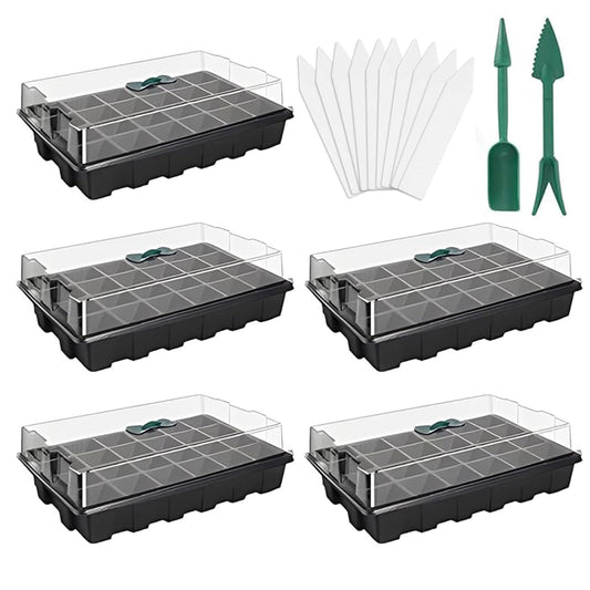ANGTUO 5 Pack Seed Starter Tray with Dome Reusable 120cell Plant Germination Trays Indoor Propagation Planting Tray Seed Starter Kit Seedling Starter Trays (24 Cells per Tray)