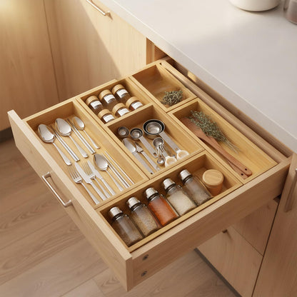 Acidea Bamboo Drawer Organizer Set, 5Pcs Multi-purpose Individual Storage Organizer, Junk Drawer Divider and Storage Trays Containers for Kitchen, Bathroom, Office Desk, Makeup, Jewelry, Utensils