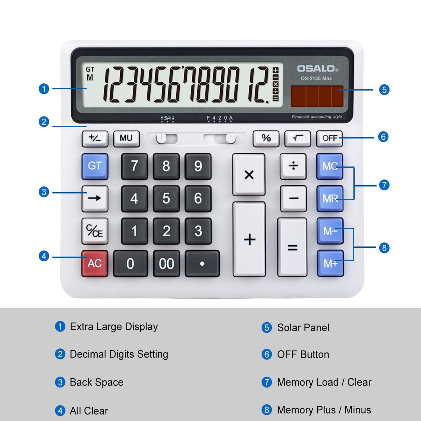 Desktop Calculator Extra Large LCD Display 12-Digit Big Number Accounting Calculator with Giant Response Button, Battery & Solar Powered, Perfect for Office Business Home Daily Use(OS-2135CA)