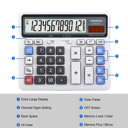 Desktop Calculator Extra Large LCD Display 12-Digit Big Number Accounting Calculator with Giant Response Button, Battery & Solar Powered, Perfect for Office Business Home Daily Use(OS-2135CA)
